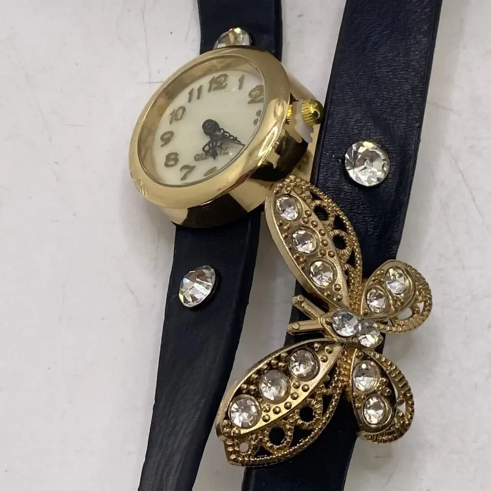 Womens Gold Tone Butterfly Leather Wrap Wrist Watch New Battery